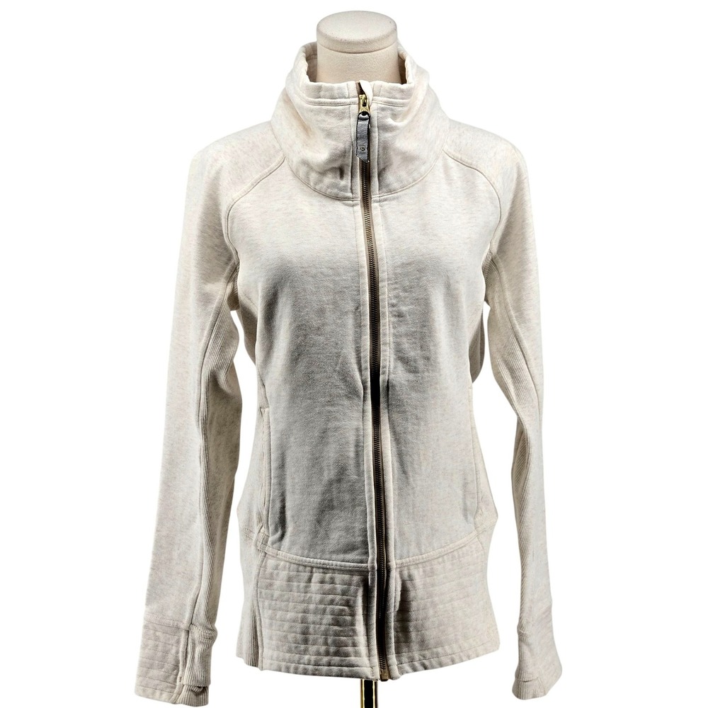 Lululemon Sweatshirt Womens 8 White Full Zip Fleece Pockets Slim Logo Raglan